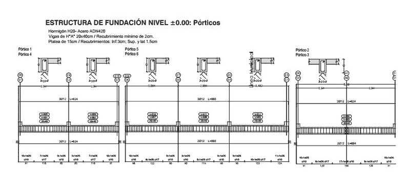 Plano de pórticos de fundación con detalle de armaduras