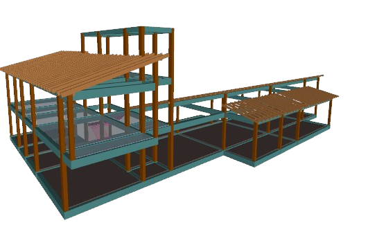 Modelo estructural 3D de Casa Leo con pórticos de hormigón armado y techos de madera