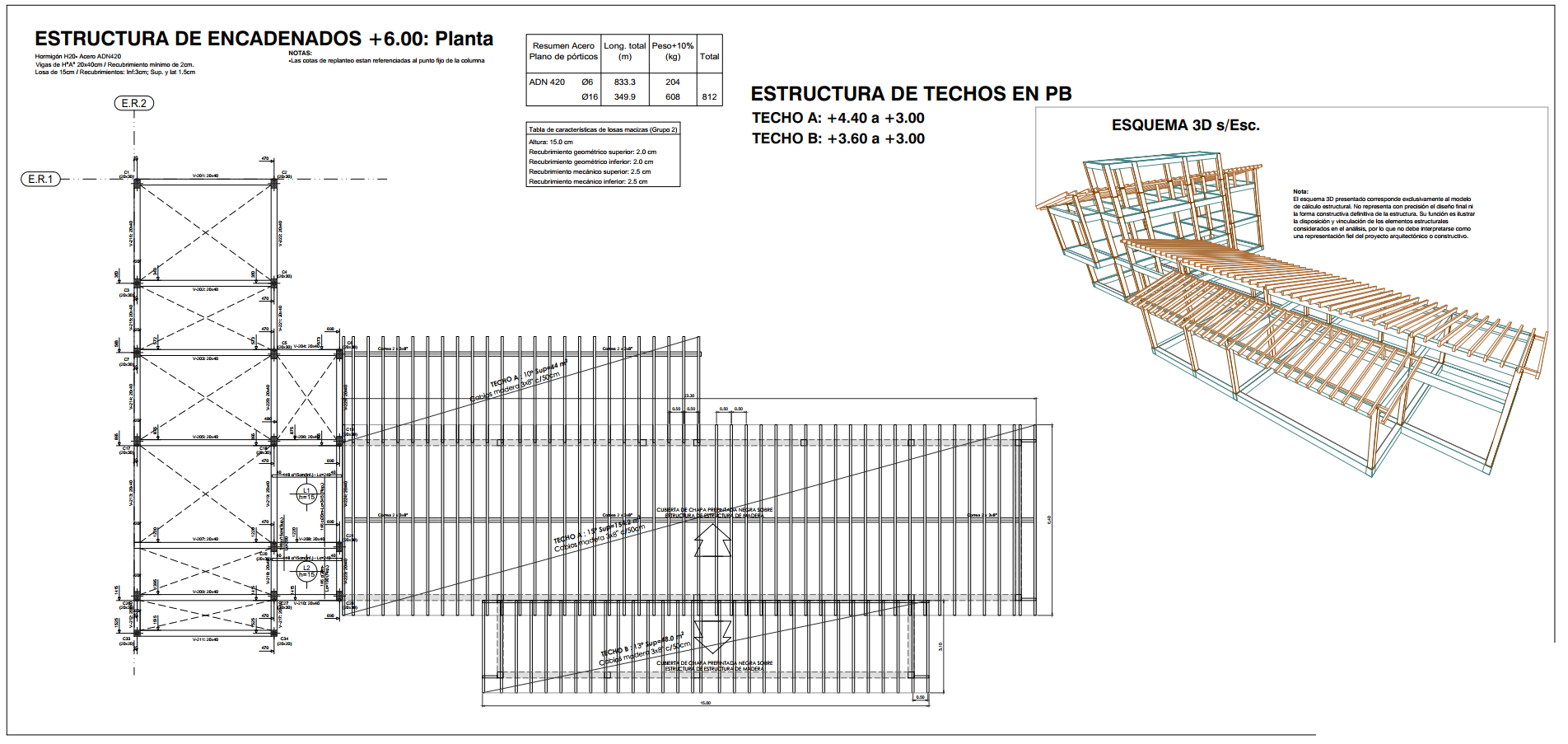 Plano de encadenados y estructura de techos de madera de Casa Leo