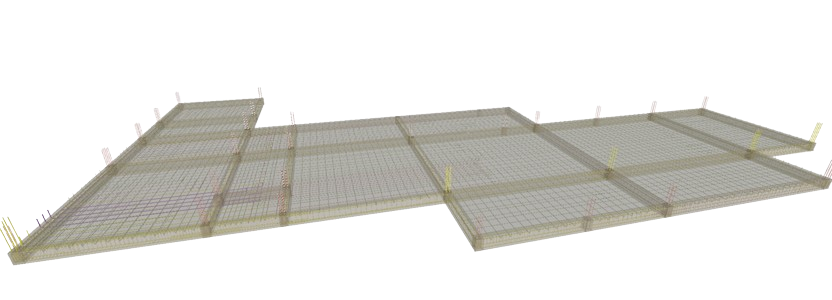 Modelo 3D de la platea de fundación con armaduras
