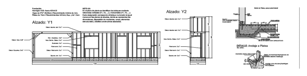 Alzados de tabiques de wood framing y detalle de anclaje a la platea