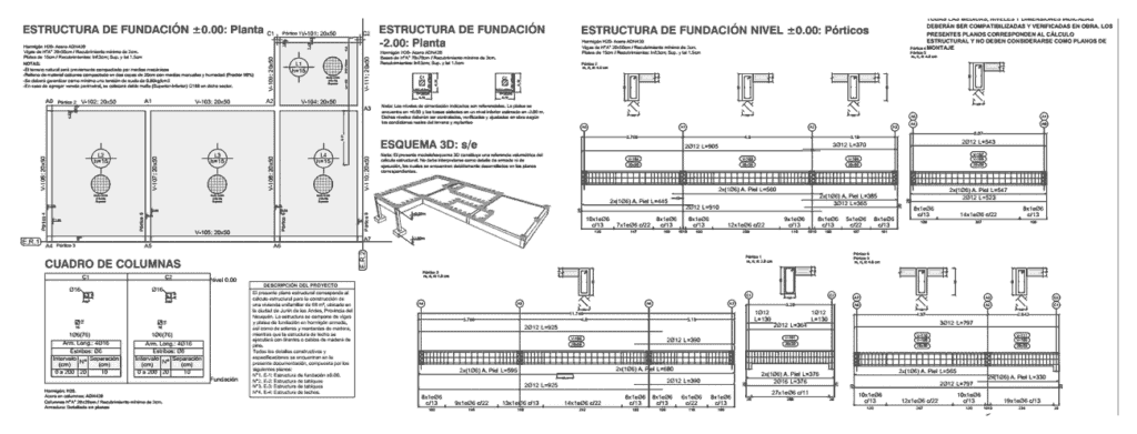 Plano de estructura de fundación con platea, vigas y bases aisladas