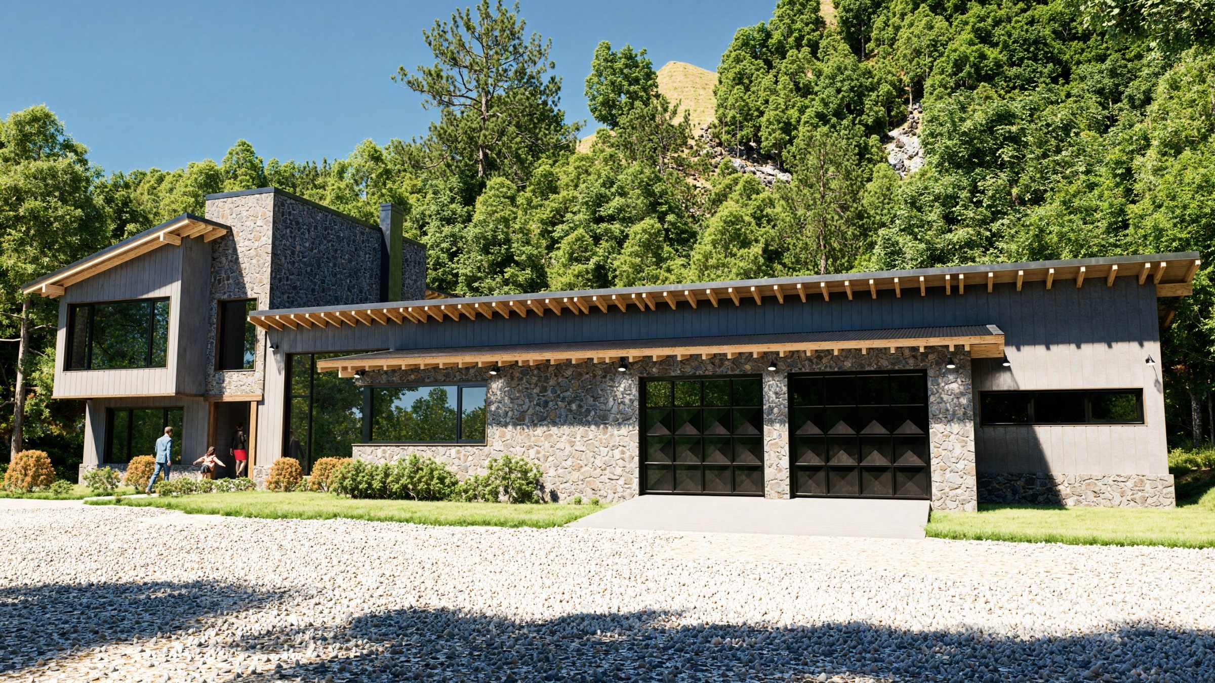 Render de Casa Leo: fachada de piedra y madera con el garage doble