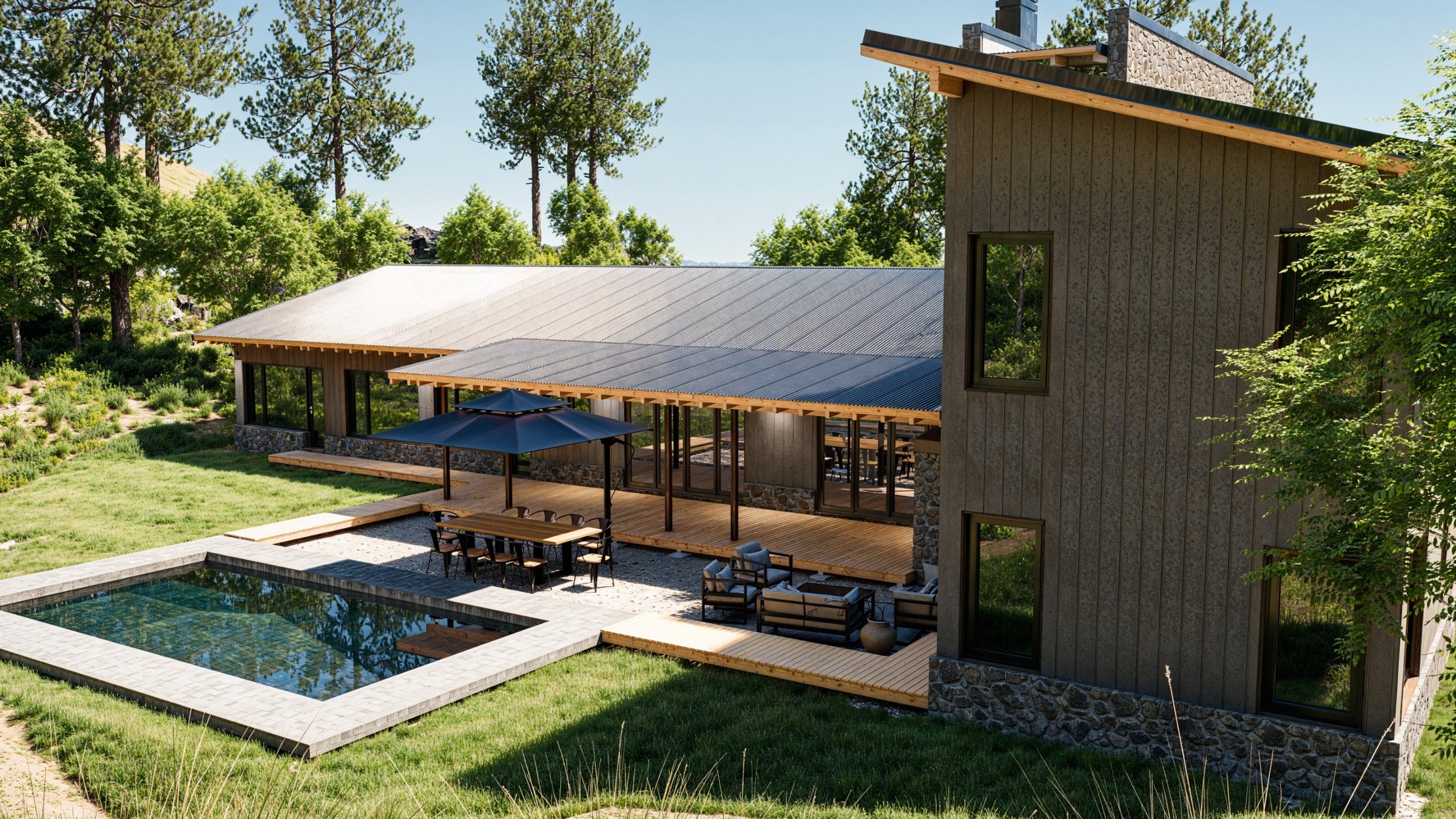 Render de Casa Leo: galería cubierta y pileta junto al bloque de dos niveles