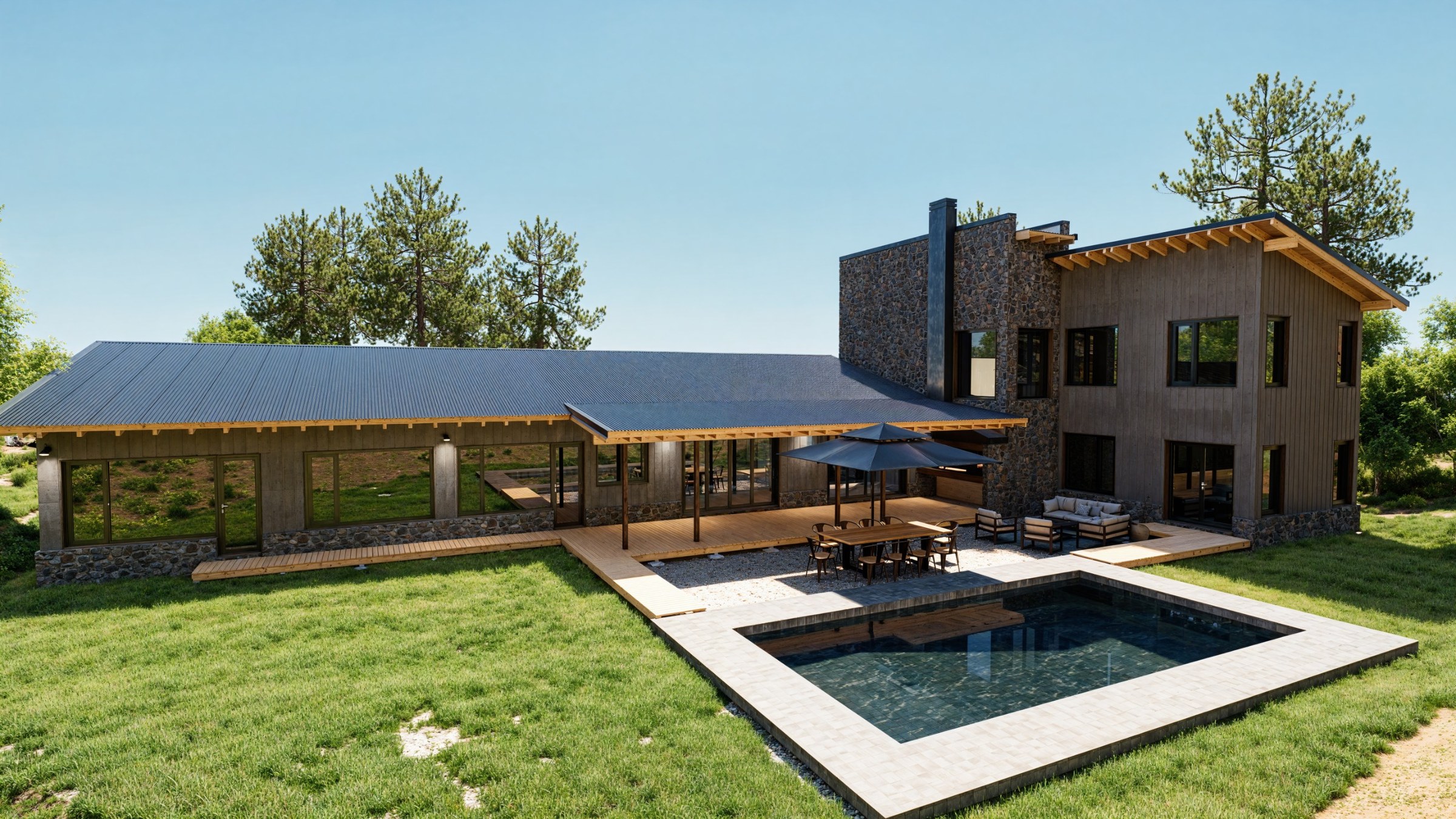 Render de Casa Leo: vista aérea del contrafrente con la galería, el deck y la pileta