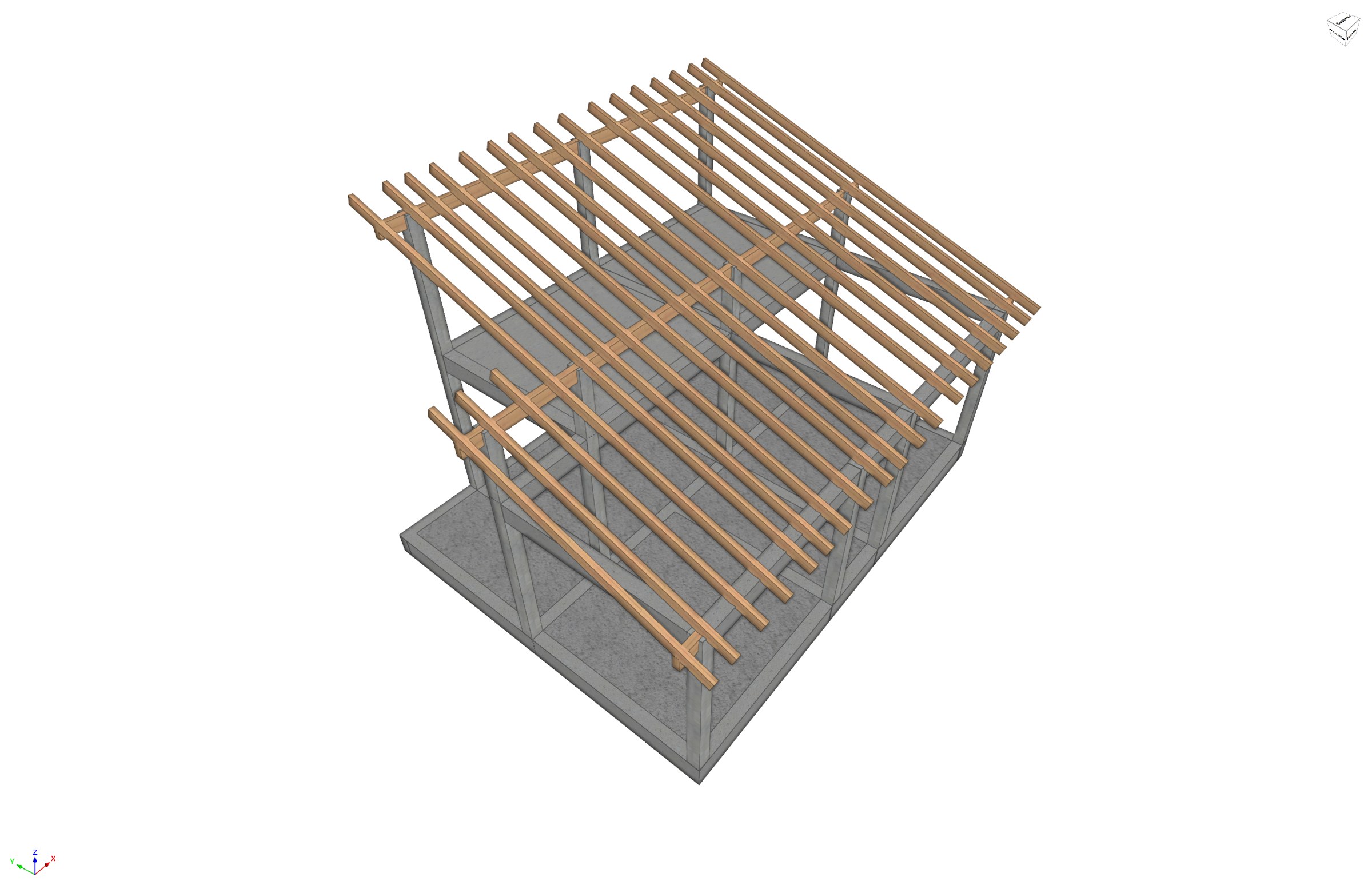 Modelo de cálculo 3D de Casa Mignone con platea, pórticos de hormigón y cabios de madera