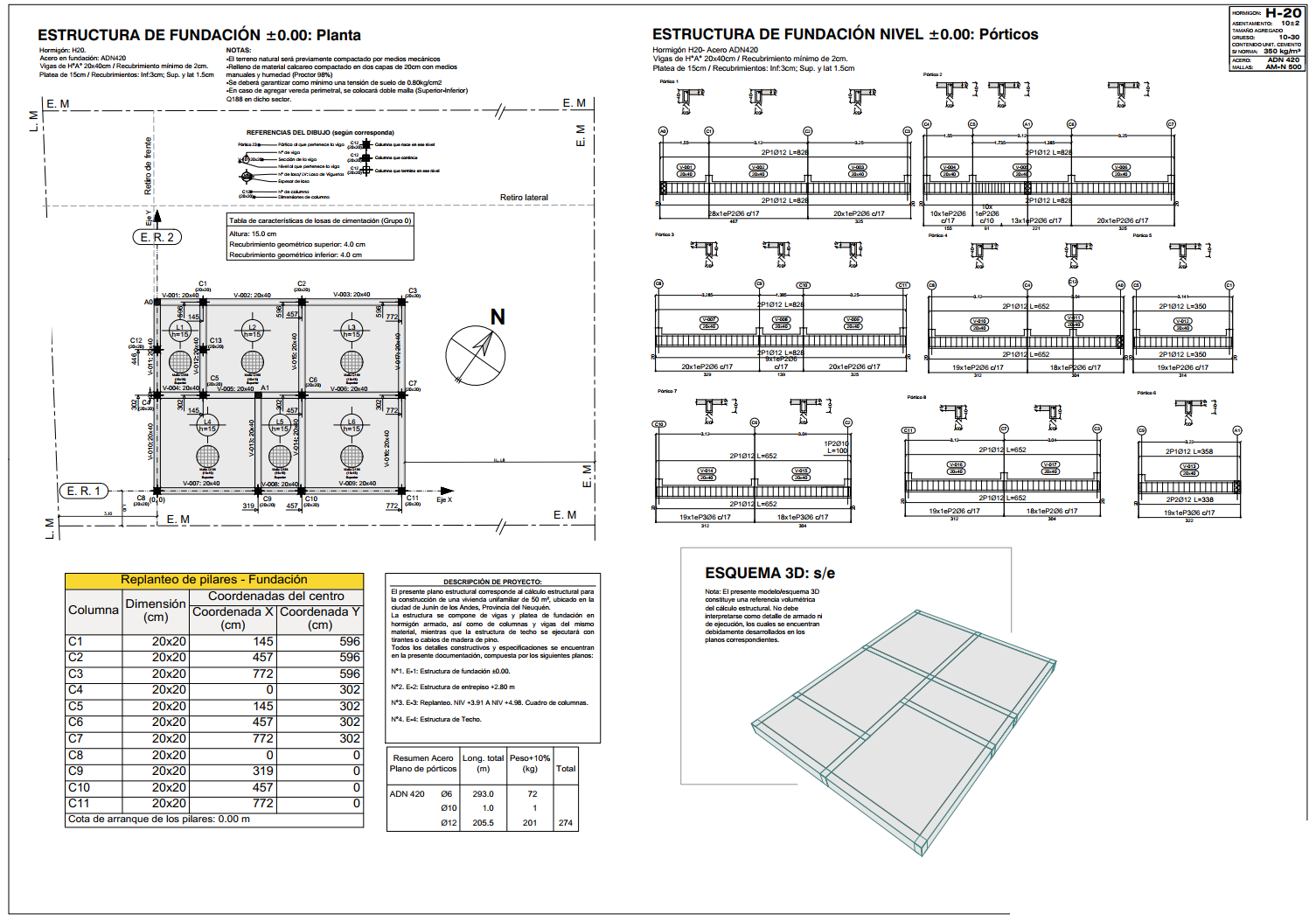 Plano de estructura de fundación de Casa Mignone: platea y vigas