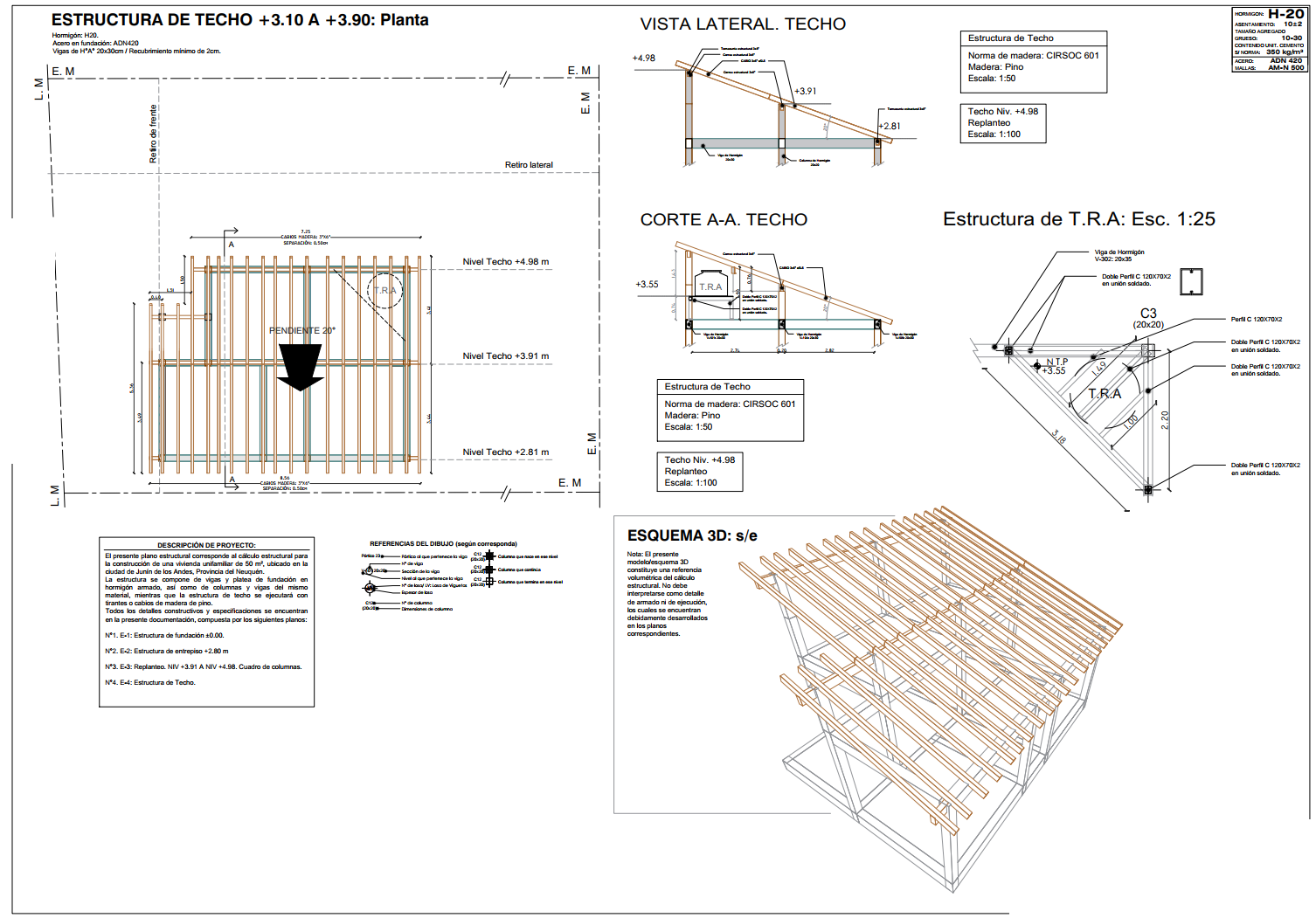 Plano de estructura de techo de madera de Casa Mignone