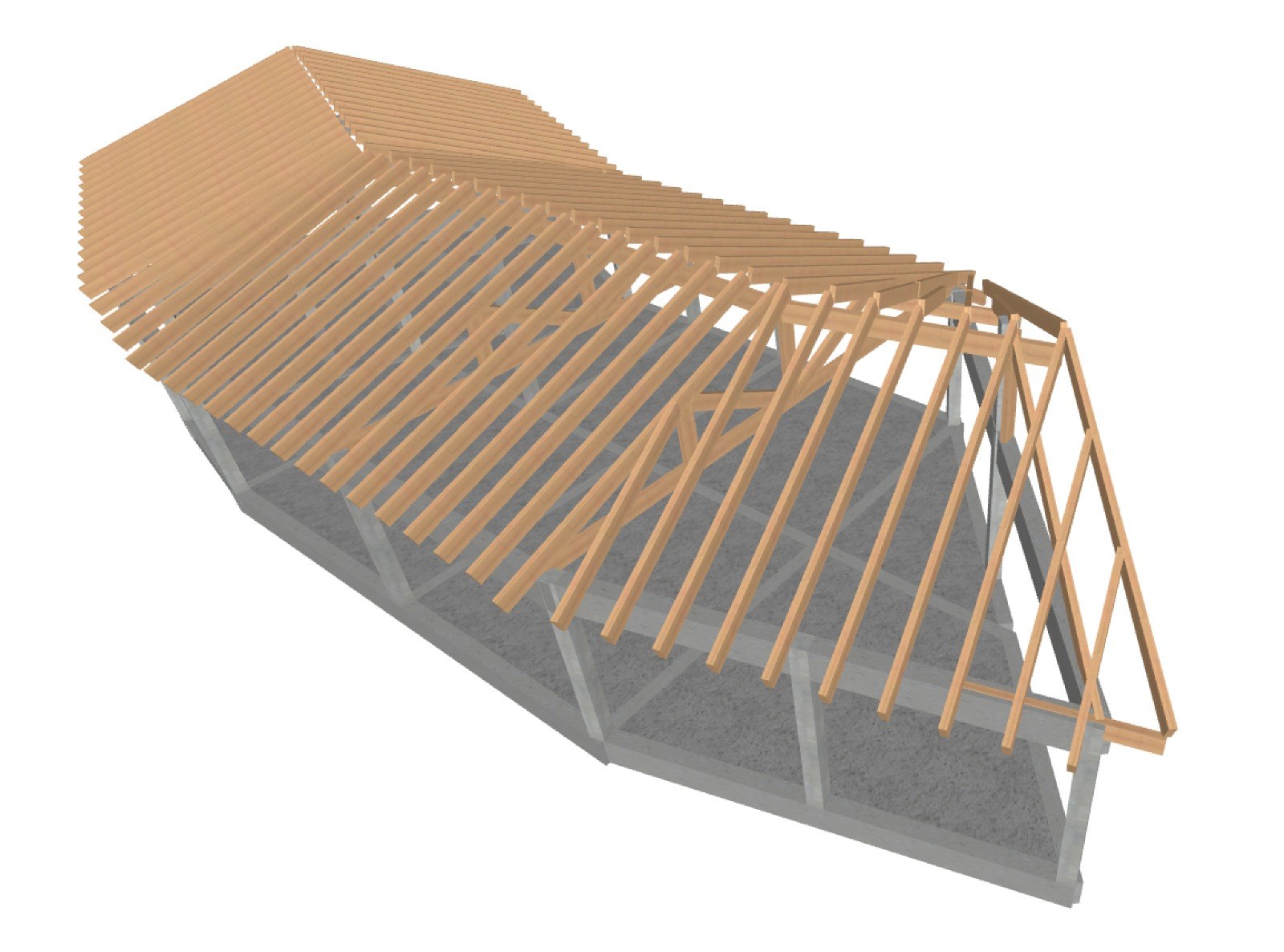 Modelo 3D de la vivienda con platea, columnas de hormigón y techo de madera a dos aguas