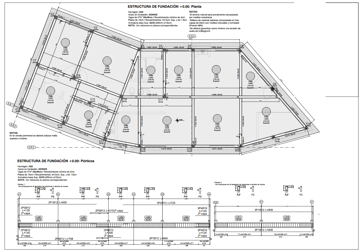 Plano de estructura de fundación de la vivienda en Estancia Leufú