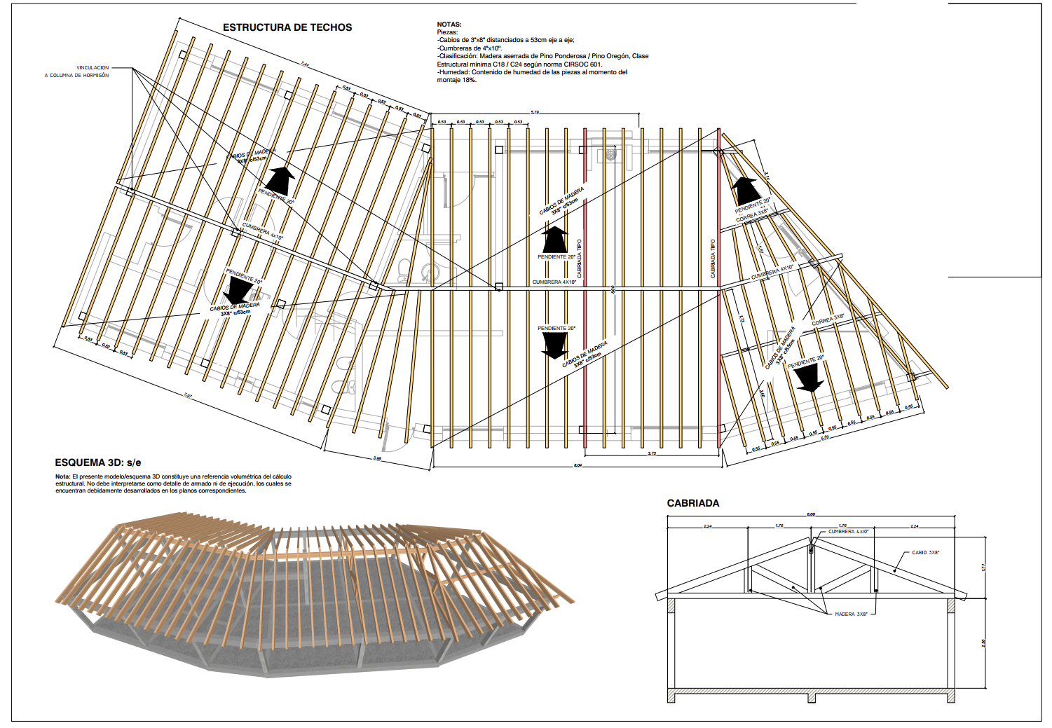 Plano de estructura de techos de madera con cabios, cumbreras y cabriada