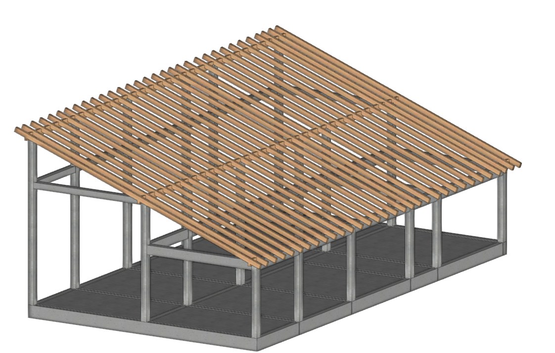 Modelo de cálculo 3D de la vivienda con platea, pórticos de hormigón y cabios de madera