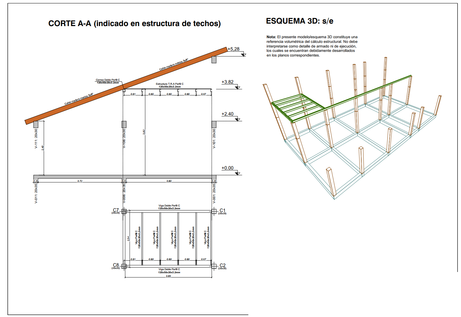 Corte de la estructura con cabios de madera y plataforma del tanque de reserva en perfiles C